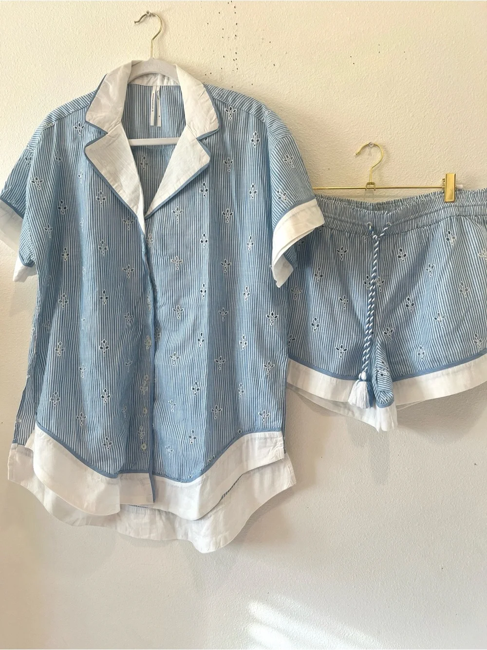 Anthropologie The Bijou Eyelet Striped Top and Shorts Pajama Set